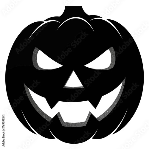 A black silhouette of a jackolantern with a carved spooky face, featuring glowing eyes and a wide grin with sharp teeth, isolated on a