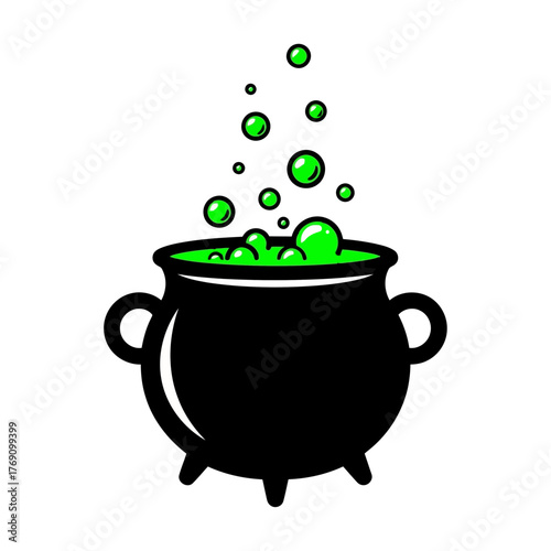 A black cauldron filled with bubbling green liquid, isolated on a, symbolizing magic and potions
