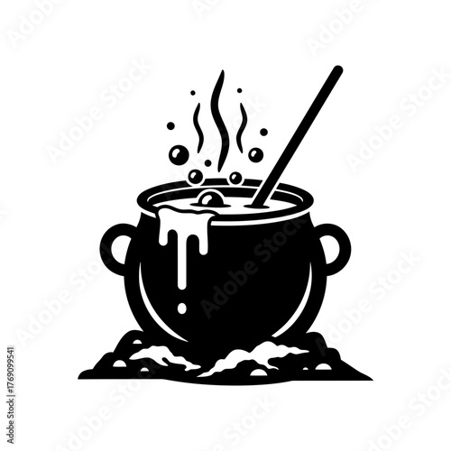 Black and white illustration of a cauldron bubbling with a stirring stick