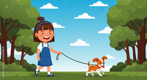 Happy young girl in blue dress happily walking her playful dog on a leash through a park on a sunny day