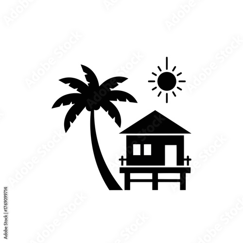 Silhouette of a tropical bungalow on stilts with a palm tree and sun