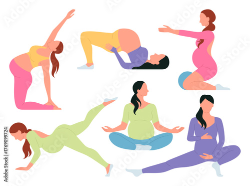 Collection of pregnant women characters in relaxed yoga poses. Females in sportswear doing sports, meditation, relaxation, stretching, aerobics. Cartoon style girls with baby bump. Vector illustration