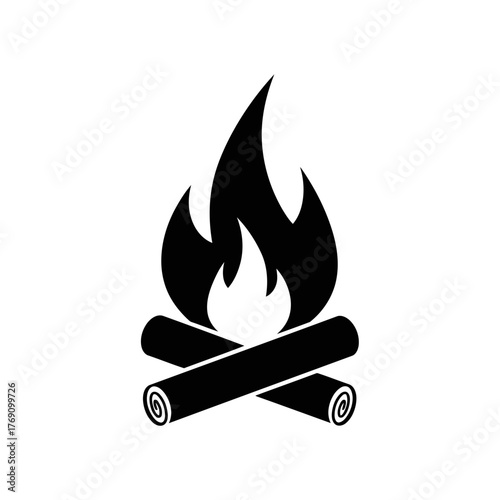 Black silhouette of a campfire with burning logs