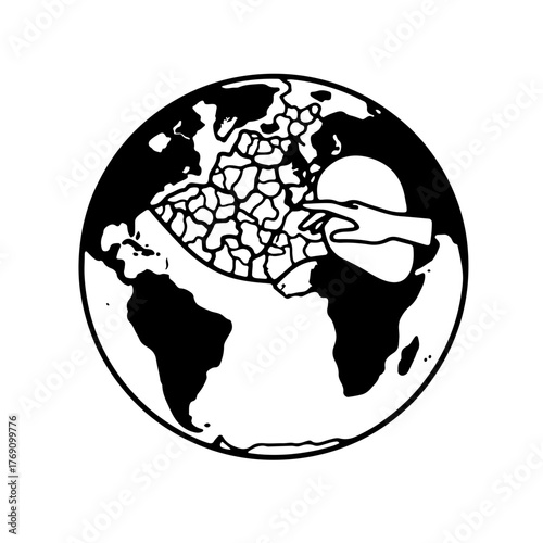A powerful monochrome globe icon showing the Earth's surface with significant desert-like cracks, partially covered by a restorative patch or a hand. This symbolizes global efforts, healing