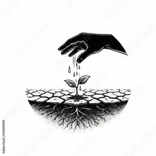 A powerful monochrome icon symbolizing land restoration and human intervention. Features a hand pouring drops of water onto a small sprout struggling to grow from dry, cracked earth