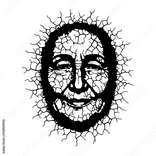 A powerful black and white icon of an elderly face with a calm or smiling expression, heavily overlaid with fine, visible cracks. Symbolizes the hidden pain, fragility