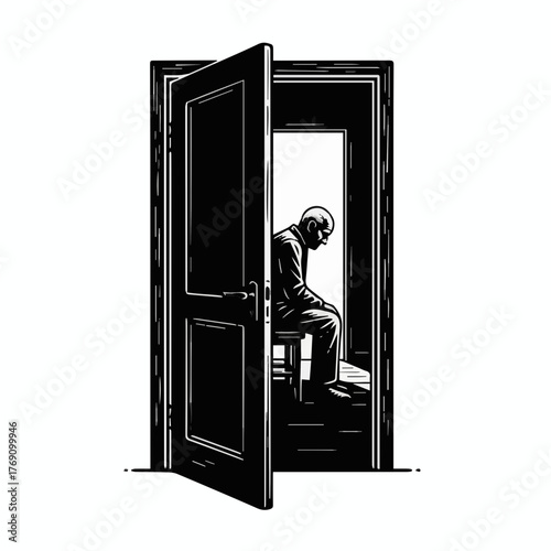 A high-contrast black and white icon depicting loneliness and elder neglect. Features a slight opening in a door, revealing the sad, hunched silhouette of an elderly person inside the shadows