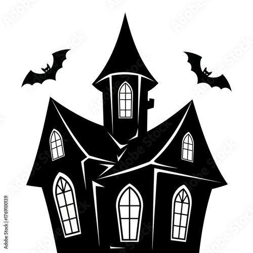 Spooky haunted house silhouette with bats flying