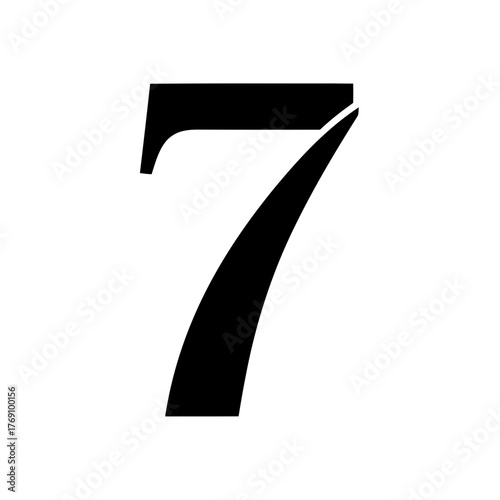 A bold, black number 7 with a curved tail, isolated on a, representing the concept of the number seven
