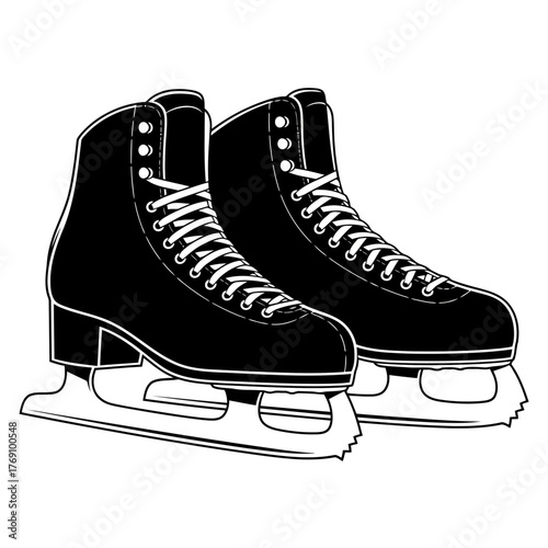 Pair of black ice skates with white laces and blades