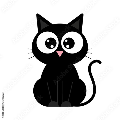 Cute cartoon black cat with big eyes, sitting and looking forward