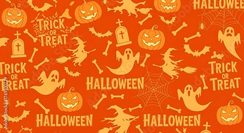 Spooky halloween pattern featuring jack o lanterns ghosts witches bats and tombstones on an orange textured background