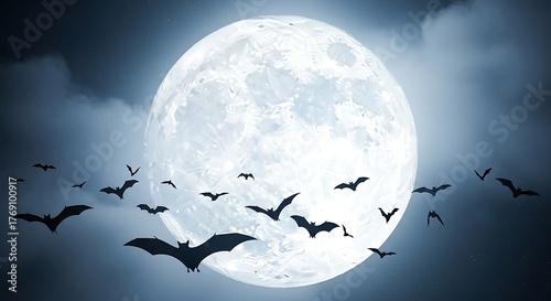 Eerie full moon illuminates a flock of silhouetted bats flying through a cloudy dark night sky creating a spooky halloween atmosphere