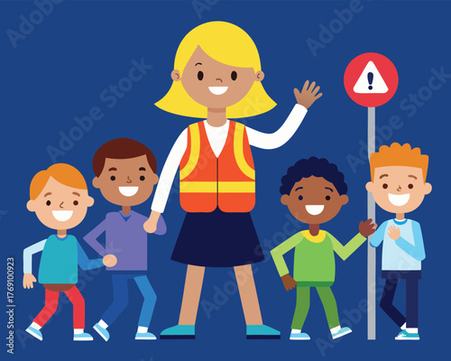 Cartoon crossing guard with children and warning sign