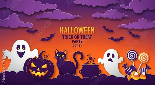 Spooky halloween night with ghosts bats and candy under a purple cloudy sky perfect for party invitations and decorations