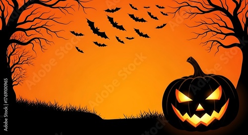 Spooky halloween night with a glowing jack o lantern silhouetted trees and a swarm of bats against a fiery orange moonlit sky