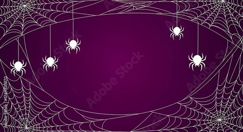 Spooky halloween night with a dark purple background intricate white spiderwebs and dangling cartoon spiders creating a festive and eerie atmosphere for the holiday