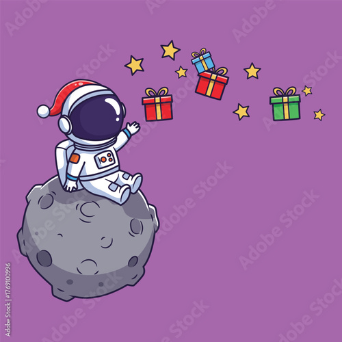 Cute Cartoon Astronaut in Santa Hat Reaching Floating Gifts – Vector Illustration of Whimsical Space Christmas Scene