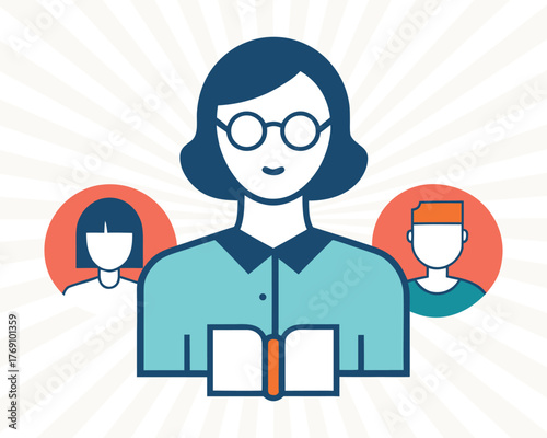 Icon of a teacher with students and an open book.