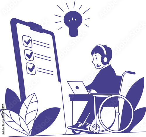 A businessman in a wheelchair is working on his laptop at an office desk with a woman and other people