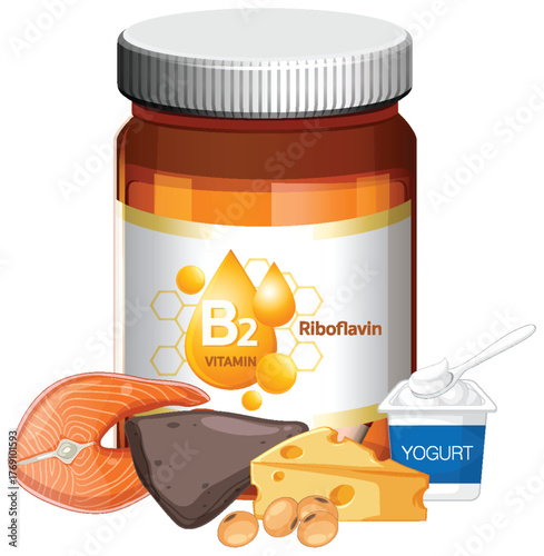 Vitamin B2 Riboflavin Supplement With Food Sources Illustration