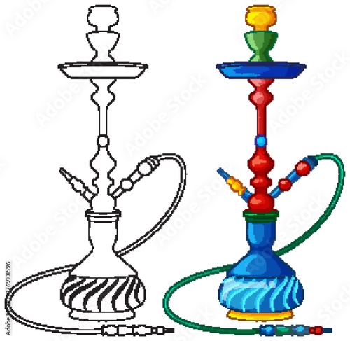 Colorful Hookah and Outline Illustration Side by Side