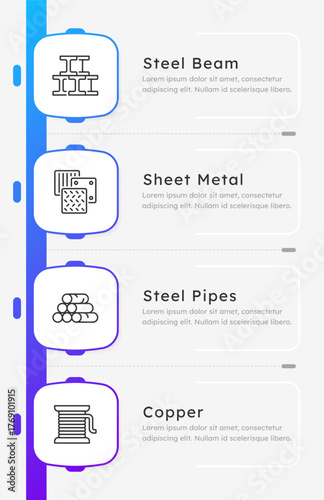 Metal manufacturing infographic template. Steel production, copper. Data visualization with 4 steps. Process vector design. Editable rounded options info graphics. Lexend font used