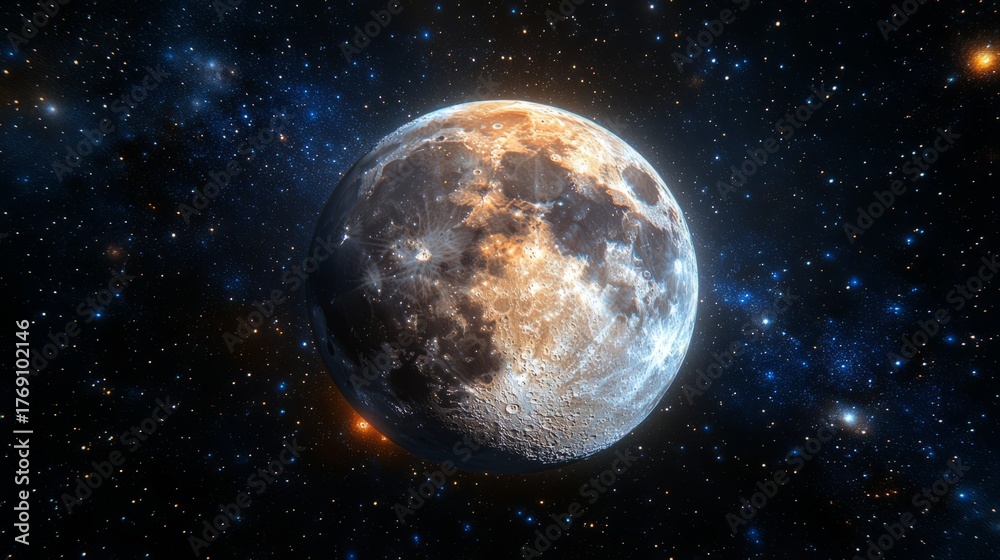 Obraz premium Moon in the Cosmos: A mesmerizing image of the moon suspended in the vast expanse of space, surrounded by countless stars and celestial wonders. This visual offers a sense of wonder and curiosity.