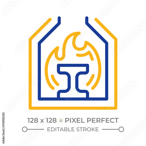 Heat treating two color line icon. Steel furnace. Foundry, metallurgy. Heavy industry, smelting. Metal casting bicolor outline symbol. Duotone linear pictogram. Isolated illustration. Editable stroke