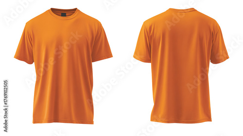 Front and back view of an orange t shirt white background PNG