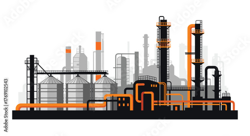 Industrial oil refinery complex with distillation towers, silos, and pipelines under a white sky.