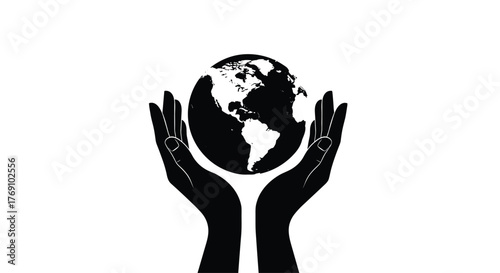 Hands holding a black and white silhouette of the earth, symbolizing care and protection.