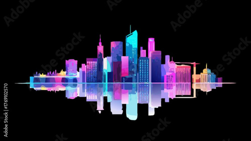 A vibrant cityscape silhouette glows with neon colors against a black backdrop, reflecting a modern and dynamic urban landscape at night