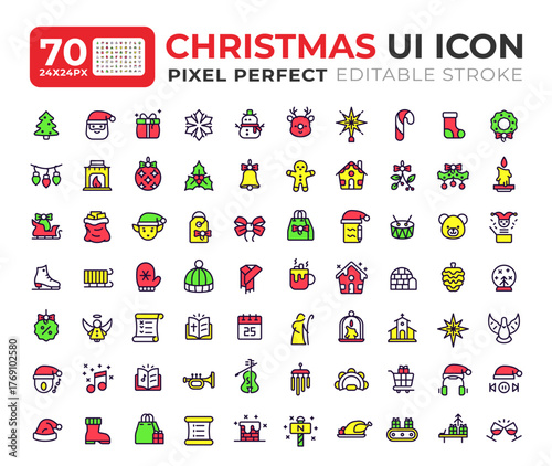 Christmas multicolor ui icons set. Happy New Year. Traditional symbols of happy winter holiday. Xmas fun. Vector illustrations. Web design user interface elements collection, pixel perfect