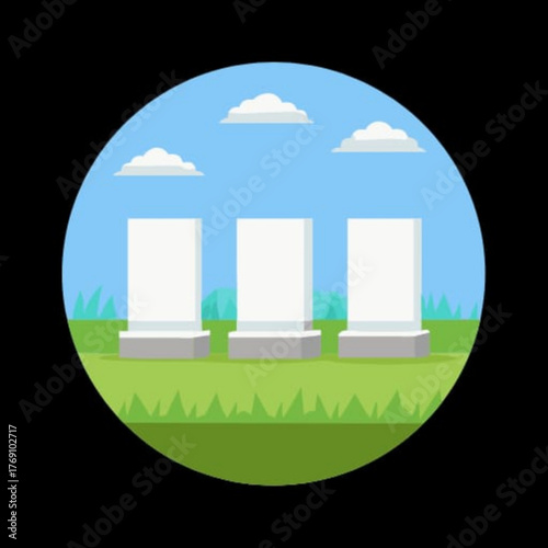 Three blank billboards stand in a grassy field under a blue sky with fluffy white clouds, perfect for advertising or announcements in a peaceful setting