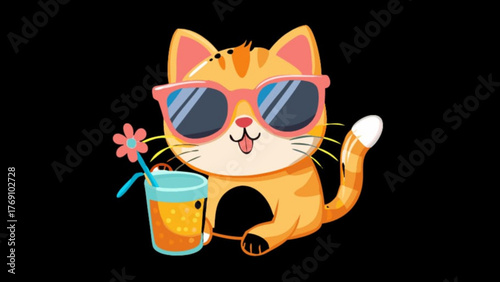 A cheerful orange cat wearing sunglasses and holding a refreshing drink with a flower, radiating summer vibes on a