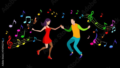 A couple dances joyfully amidst a flurry of colorful musical notes against a dark backdrop, celebrating the rhythm and harmony of life with passion
