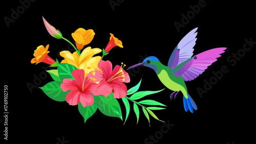 A vibrant hummingbird hovers near a bouquet of tropical flowers, its colorful plumage contrasting with the bright petals against a