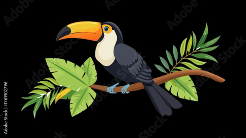 Colorful illustration of a toucan perched on a branch with lush green leaves, perfect for naturethemed designs and educational materials, isolated on