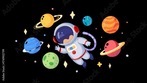 An astronaut in a spacesuit floats among planets, stars, and comets in the vast expanse of space, exploring the wonders of the cosmos and universe