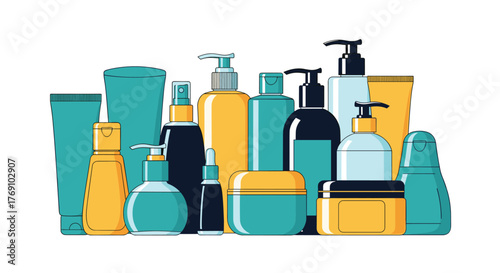 A collection of colorful skincare and cosmetic bottles and jars arranged on a white background.