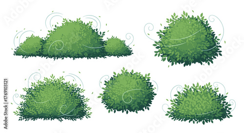 Cartoon green bushes swaying in the wind with swirling leaves and subtle white lines indicating movement.