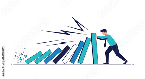 Businessman stopping a falling line of dominoes, symbolizing crisis management and problem-solving.