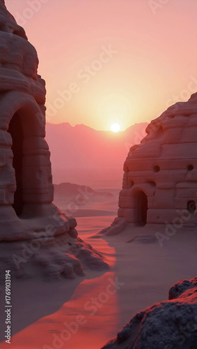 ancient sandstone desert temples glowing in warm orange light at sunset