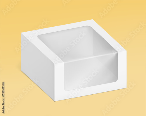 Universal mockup of blank cardboard box with transparent window. Vector illustration on colour background, ready and simple to use for your design. EPS10. 