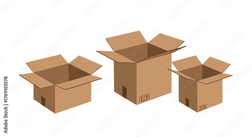 Fototapeta premium Three open cardboard boxes of different sizes on a white background.