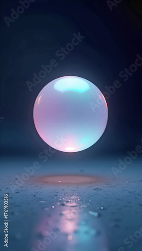 glowing iridescent sphere hovering above reflective surface with soft pastel light and cinematic depth