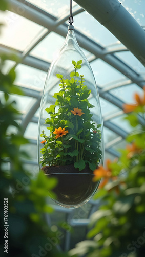 modern greenhouse hanging glass pod terrarium with blooming orange flowers in sunlight