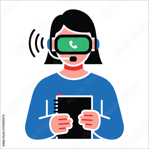 Call Center Agent Holding Notebook Wearing Headset Modern Flat Vector Illustration