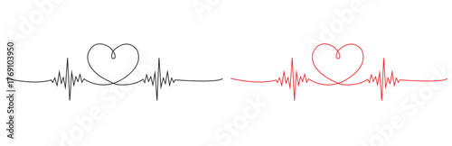 Two electrocardiogram heartbeats, one black and one red, with a heart shape integrated into the waveform